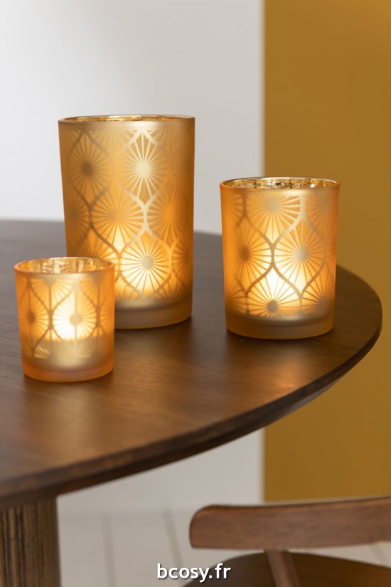 Jolipa Photophore Losange Fleurs Verre Jaune Small.