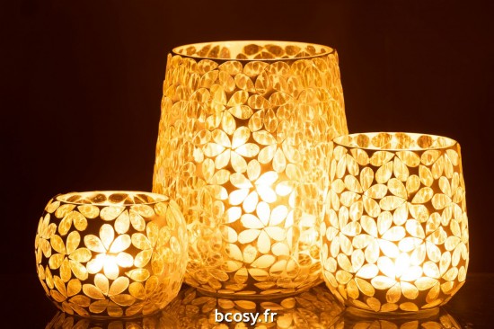 J-Line J Line photophores Photophore Fleurs Verre Jaune Argente Large.