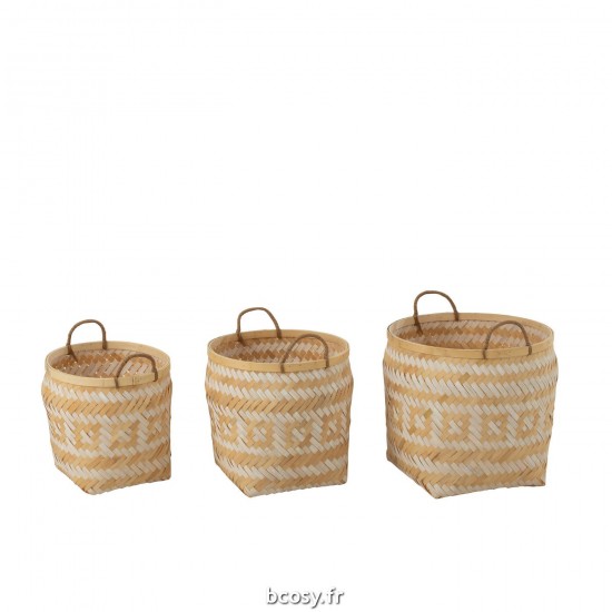 J-Line J Line paniers de rangement Jolipa Set 3 Paniers Motifs Anses Bambou Naturel Blanc.