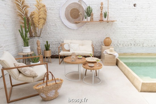 J-Line Set 3 Tavolini Motivo 3 Piedi Bambu/Legno Naturale/Bianco.