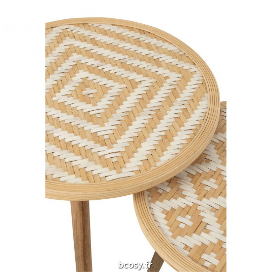 Jolipa Set 3 Tables Gigogne Motifs 3 Pieds Bambou Bois Naturel Blanc.