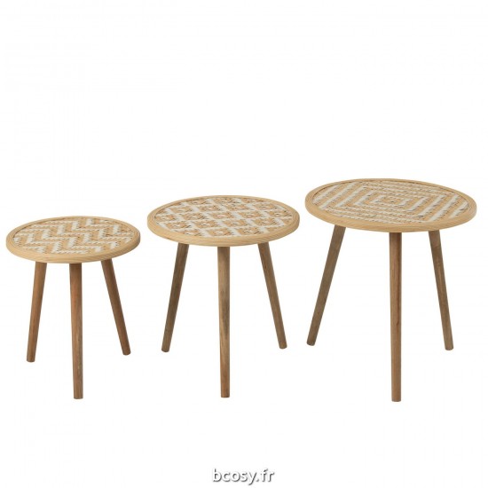 J-Line J Line tables d appoint bouts de canapé Set 3 Tables Gigogne Motifs 3 Pieds Bambou Bois Naturel Blanc.