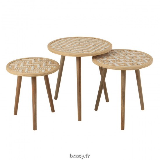 J Line Set 3 Tables Gigogne Motifs 3 Pieds Bambou Bois Naturel Blanc L53xB53xH56 cm JLine 33193 by Jolipa 33193.