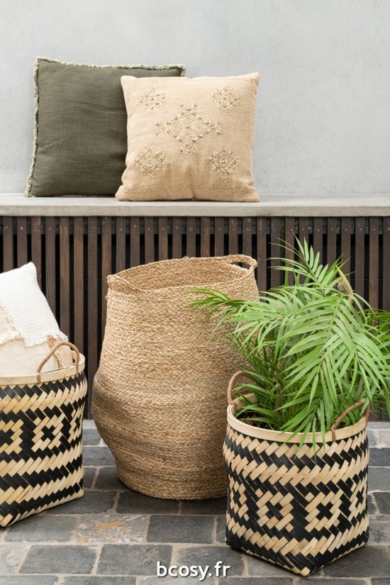 J-Line J Line paniers de rangement Set 3 Paniers Motifs Anses Bambou Naturel Noir.
