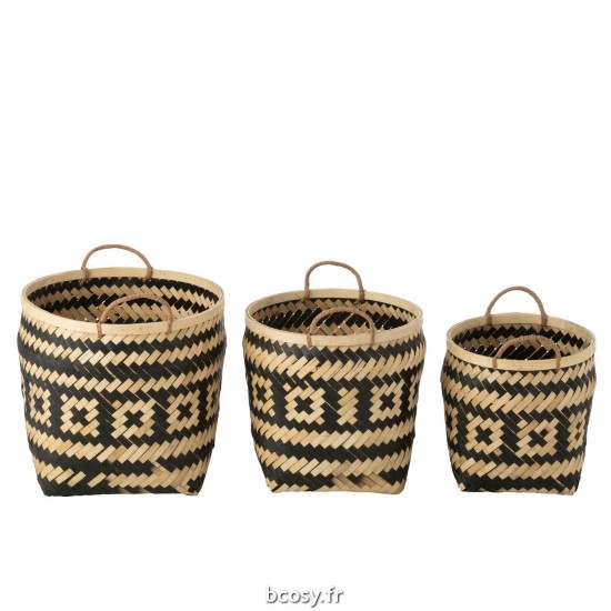 Jolipa Set 3 Paniers Motifs Anses Bambou Naturel Noir.