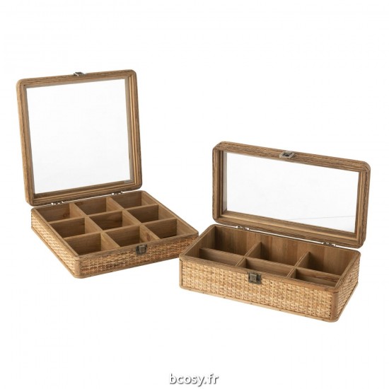 Jolipa Boite Rectangle 6 Compartiments Rotin Verre Naturel.