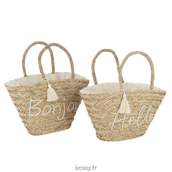 J Line Sac De Plage Bonjour Hello Floche Jute Naturel Blanc L49xB38xH51 cm JLine 33256 by Jolipa 33256 Assortiment de 2 pcs.