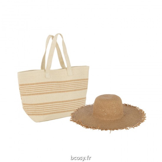 J Line Set 2 Sacs De Plage Lignes Chapeau Papier Beige Marron Clair L59xB20xH39 cm JLine 33257 by Jolipa 33257.