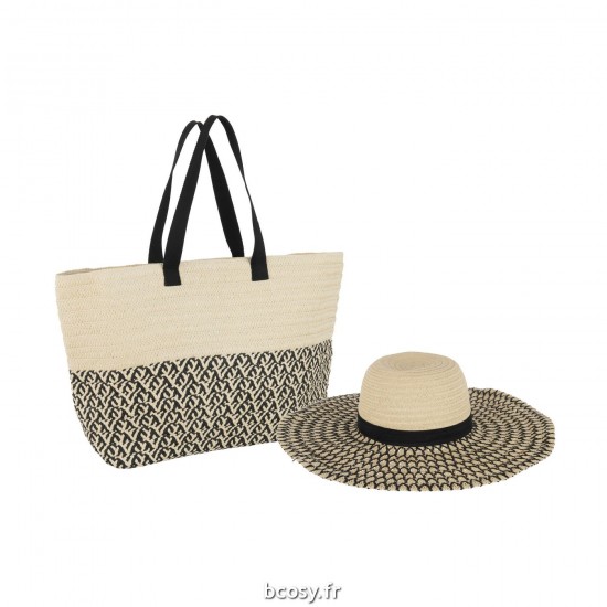 J Line Set 2 Sacs Chapeau Motifs Papier Coton Beige Noir L61xB18xH43 cm JLine 33287 by Jolipa 33287.
