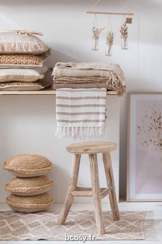 Jolipa Coussin Rond 1 Cote Roseau Textile Naturel.