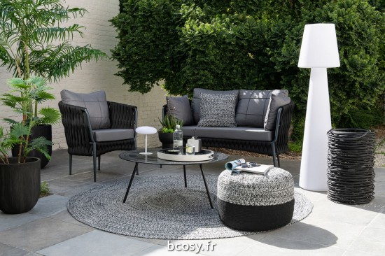 Jolipa Pouf Miami Ligne Outdoor Poly Noir Blanc.