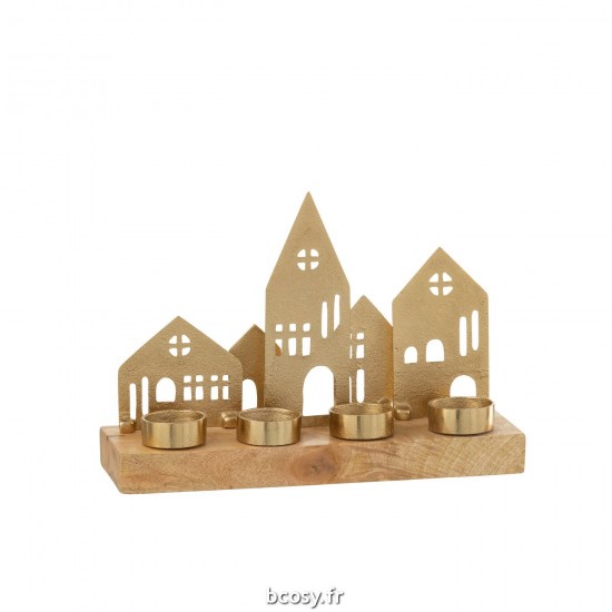 Jolipa Bougeoir Maison Aluminium Bois Or Naturel.