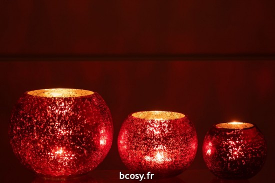 J-Line J Line lanternes photophores Photophore Boule Craquele Verre Effet Nacre Rouge Large.