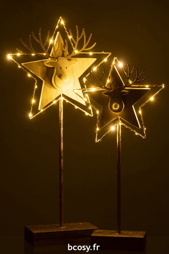 J-Line J Line rennes caribous Renne Etoile Sur Pied Led Bois Or Blanc Large.