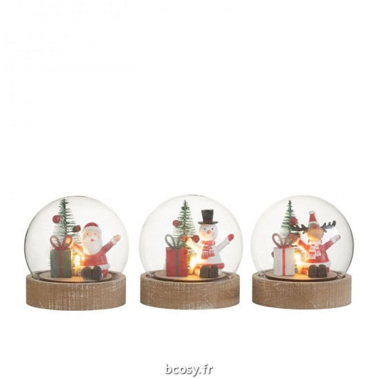 J Line Cloche Pere Noel Renne Bonhomme De Neige Led Bois Verre Mix JLine 37153 by Jolipa 37153 Assortiment de 3 pcs.