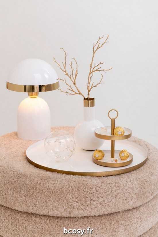 Jolipa Lampe Bord Dore Metal Brillant Blanc.