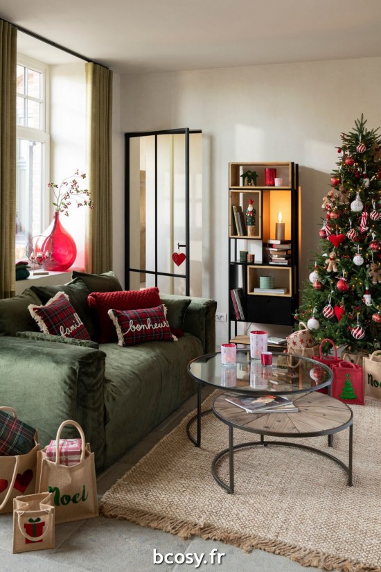 Jolipa Coussin Carreaux Famille Rouge Vert.