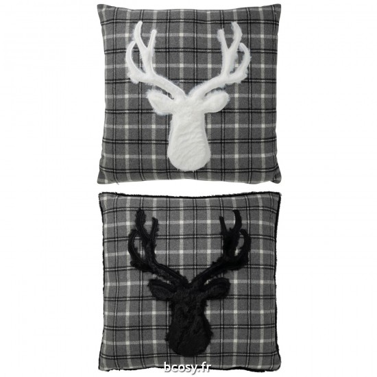 J Line Coussin Cerf Carreaux Poly Blanc Noir JLine 38830 by Jolipa 38830 Assortiment de 2 pcs.