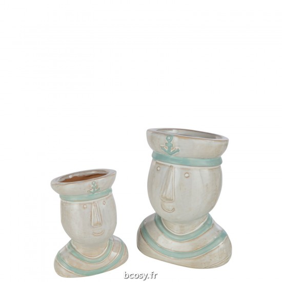 J-Line J Line cachepots de fleur Jolipa Cachepot Tete Marin Porcelaine Blanc Azur Large.