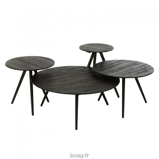 J Line Set De 4 Tables Rondes Teck Recycle Noir JLine 40783 by Jolipa 40783.