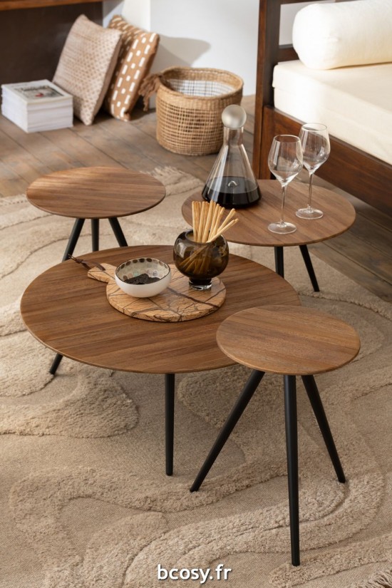 J-Line J Line tables d appoint bouts de canapé Set De 4 Tables Rondes Teck Recycle Naturel.