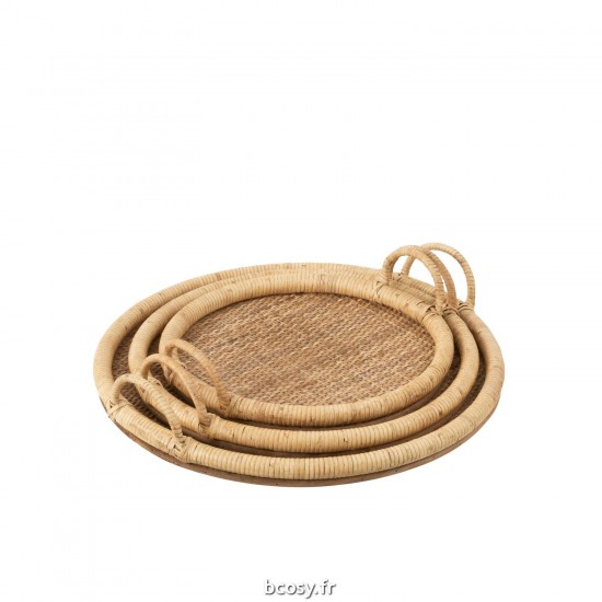 J-Line J Line Plateau de service plateaux de service Jolipa Set De 3 Plateaux Ovales Rottin Metal Naturel.