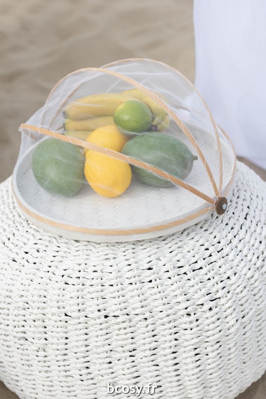 Jolipa Pouf Rond Tissage Plastique Blanc.