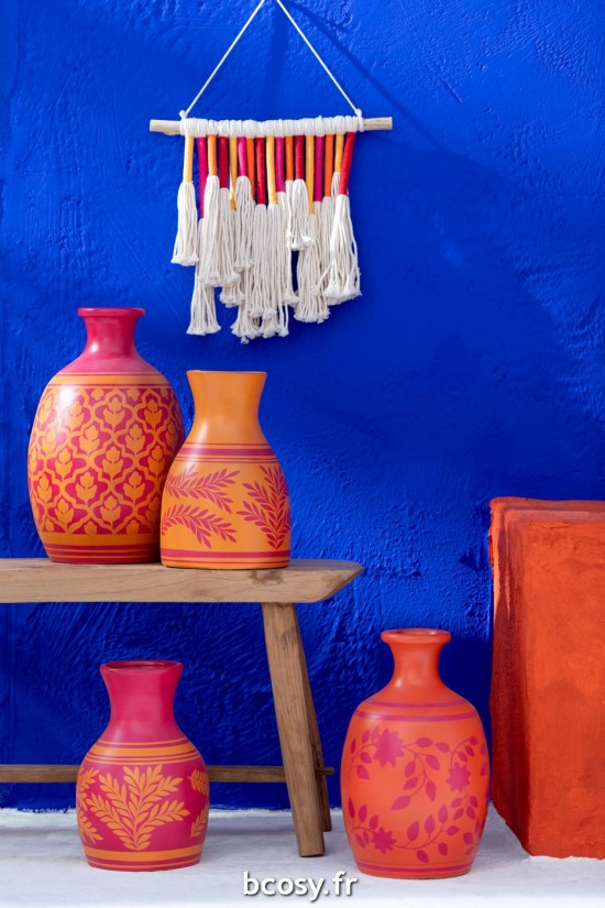 Jolipa Vase Fleurs Lignes Terre Cuite Rose Orange.