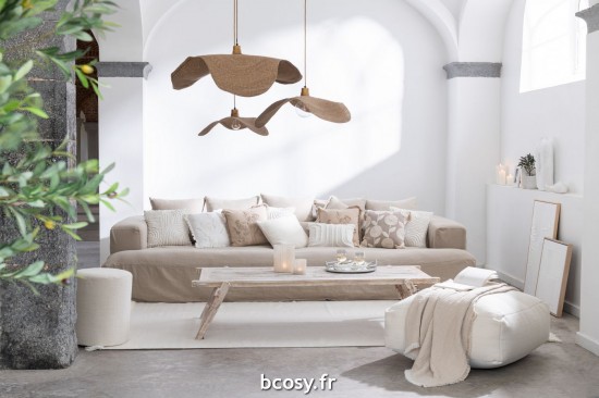 Jolipa Coussin Broderie Fleurs Franges Coton Greige.