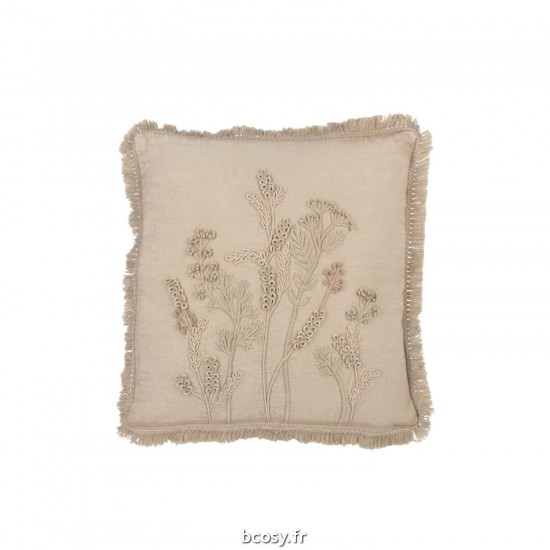 J Line Coussin Broderie Fleurs Franges Coton Greige JLine 41586 by Jolipa 41586.