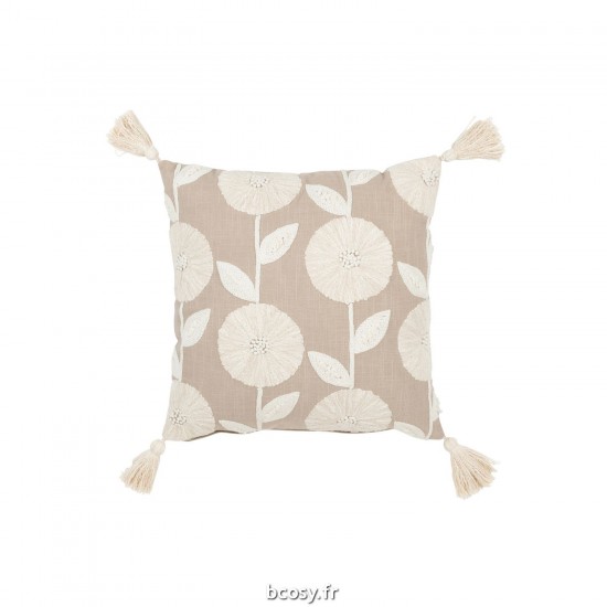 J Line Coussin Fleurs Feuilles Coton Taupe Beige JLine 41598 by Jolipa 41598.