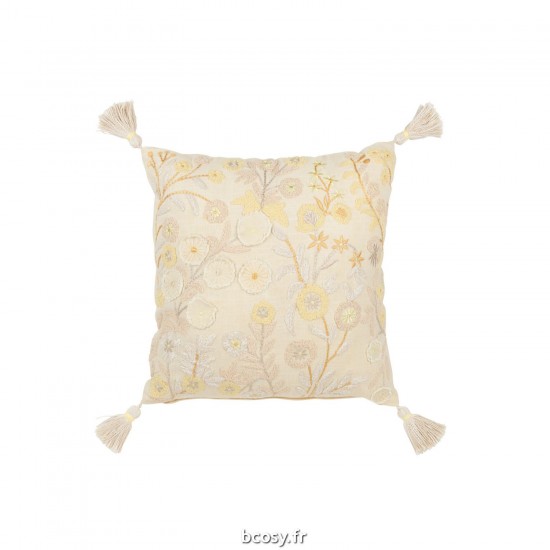 J Line Coussin Carre Fleurs Floches Coton Jaune Clair JLine 41601 by Jolipa 41601.