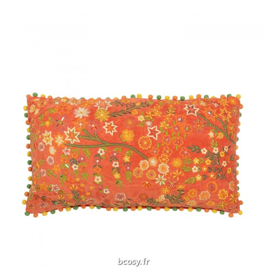 J Line Coussin Rectangle Fleurs Pompoms Velours Orange JLine 41605 by Jolipa 41605.