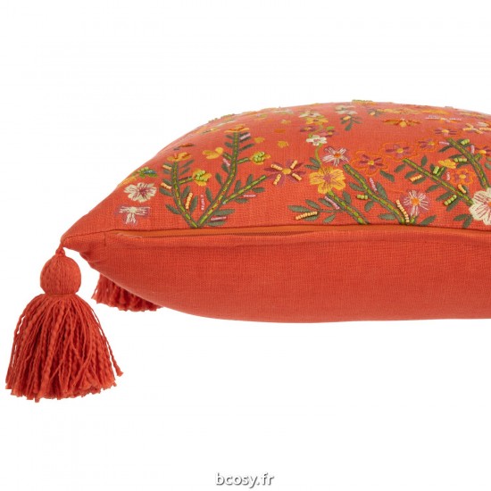 J-Line J Line coussins Jolipa Coussin Carre Fleurs Floches Coton Orange.