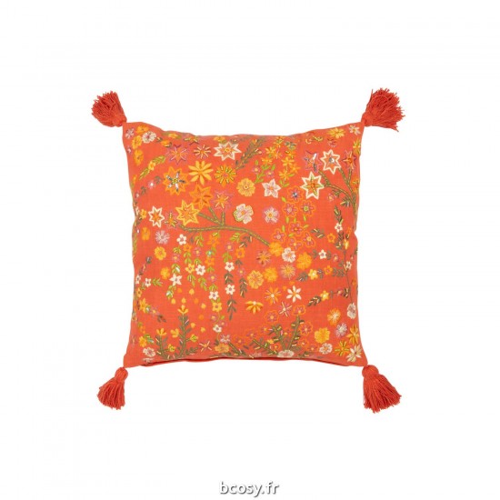 J Line Coussin Carre Fleurs Floches Coton Orange JLine 41606 by Jolipa 41606.