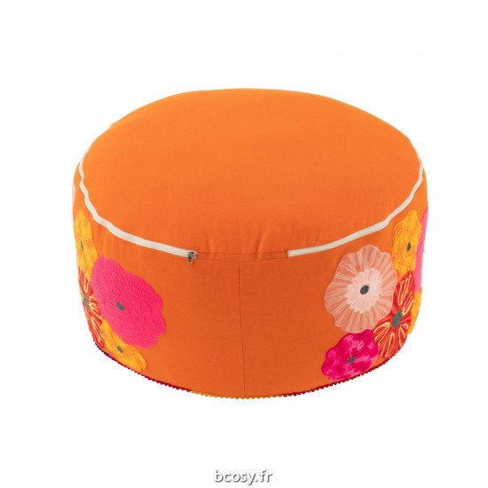 J-Line J Line poufs Jolipa Pouf Rond Fleurs Broderie Coton Polyester Orange.