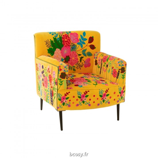 J Line Fauteuil Fleurs Broderie Velours Jaune JLine 41632 by Jolipa 41632.