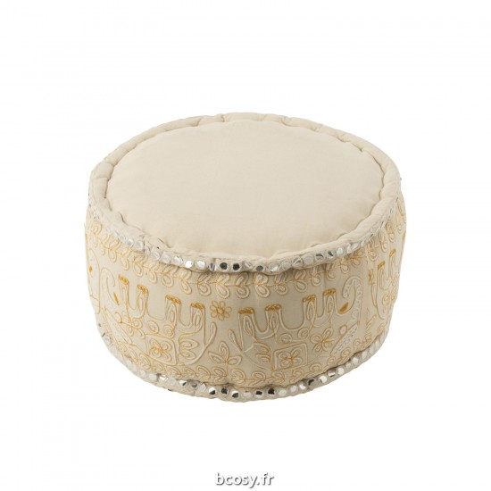 J-Line J Line poufs Jolipa Pouf Rond Éléphants Miroirs Coton Crème Or Large.