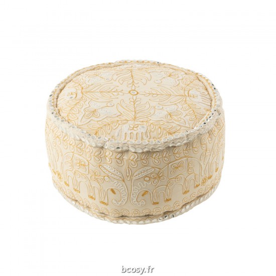 J Line Pouf Rond Éléphants Miroirs Coton Crème Or Large JLine 41650 by Jolipa 41650.