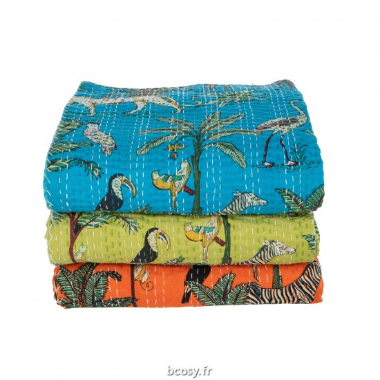 J-Line J Line Jolipa Plaid Tapis De Plage Animaux Plantes Exotiques Points De Couture Coton Vert Large.