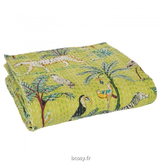 J Line Plaid Tapis De Plage Animaux Plantes Exotiques Points De Couture Coton Vert Large JLine 41660 by Jolipa 41660.