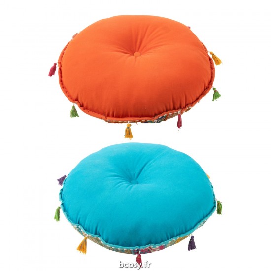 J-Line J Line poufs Jolipa Pouf Rond Plat Motifs Floches Coton Orange Bleu Assortiment De 2.