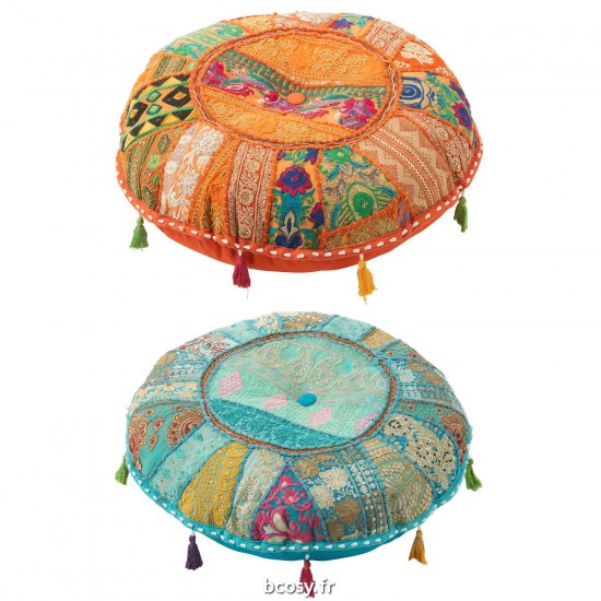 J Line Pouf Rond Plat Motifs Floches Coton Orange Bleu JLine 41667 by Jolipa 41667 Assortiment de 2 pcs.
