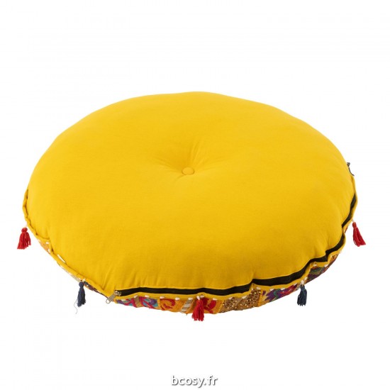 J-Line J Line poufs Jolipa Pouf Rond Plat Motifs Floches Coton Jaune.