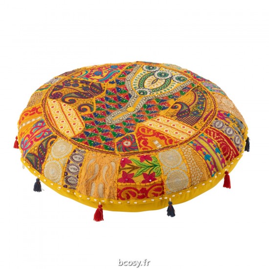J Line Pouf Rond Plat Motifs Floches Coton Jaune JLine 41668 by Jolipa 41668.