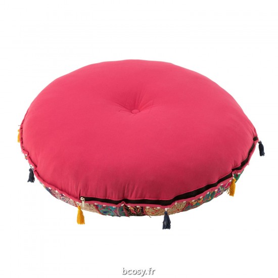 J-Line J Line poufs Jolipa Pouf Rond Plat Motifs Floches Coton Rose.