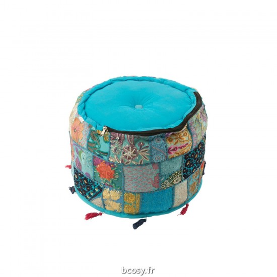 J-Line J Line poufs Jolipa Pouf Rond Motifs Floches Coton Bleu.