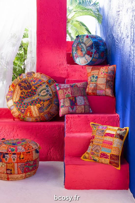 Jolipa Pouf Rond Motifs Floches Coton Rouge.