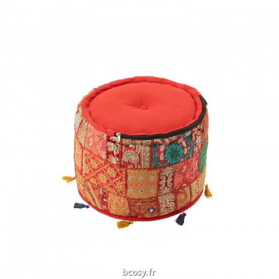 J-Line J Line poufs Jolipa Pouf Rond Motifs Floches Coton Rouge.