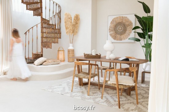 Jolipa Tapis Motifs Éthniques Franges Laine Cotton Crème Beige.